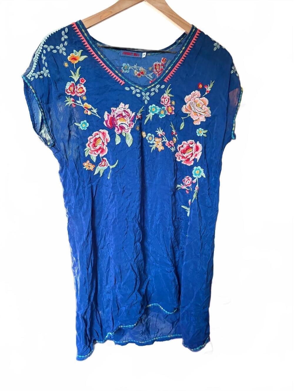 Johnny Was Royal Blue Embroidered Floral Tunic - Mini Dress - Small